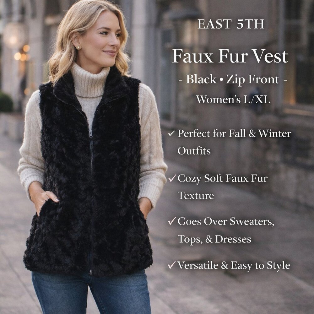 East 5th Faux Fur Vest Women’s L/XL Black Zip Front Soft Cozy Winter Layer Plush